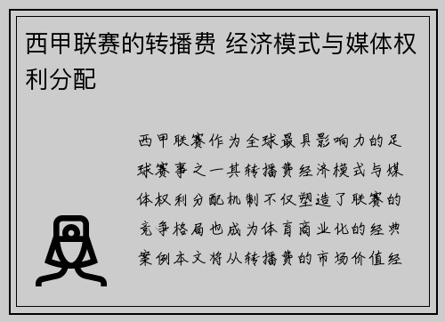 西甲联赛的转播费 经济模式与媒体权利分配